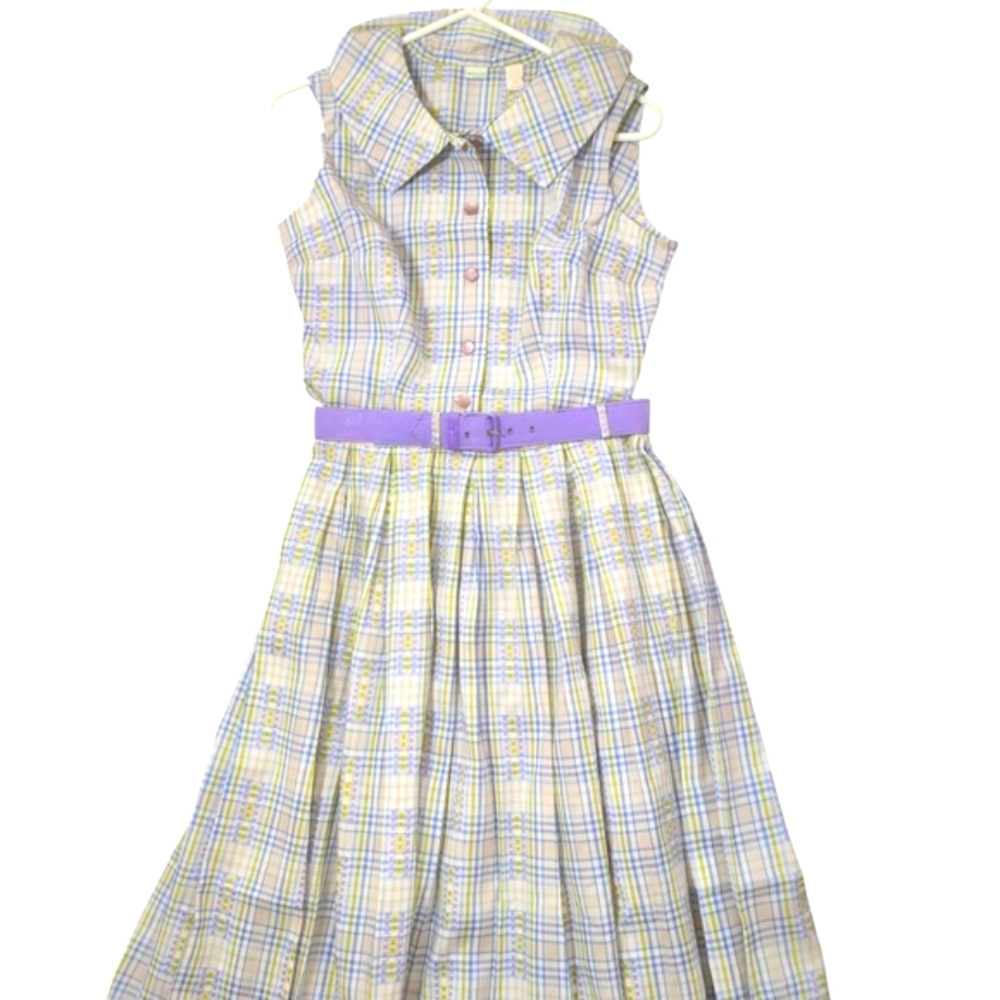 Miss Pat Blouse & Skirt Set S Vintage Lavender/Green Plaid Belt‎ Sleeveless Twee